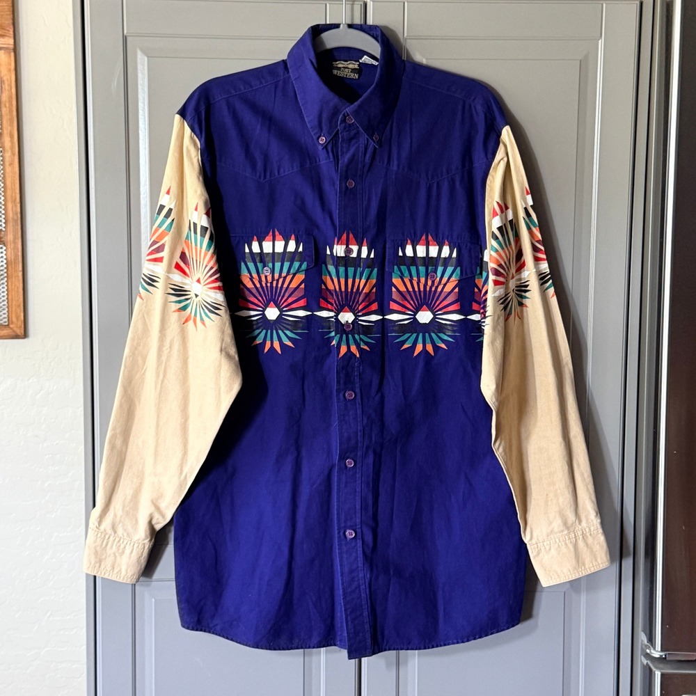 Just Western VTG Panoramic Southwestern‎ Geometric Button Down Shirt, Purple,M